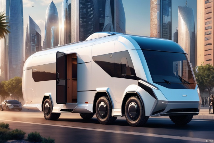 caravan, Single complete work, FANTASY, Metal texture, simple color, Aerodynamic, the mixture between cars and buildings, Future city background, concept car, motor home, front view,  cybertruck, Simple skin, science fiction, mechanical, modern technology, robot, masterpiece,  best quality, Effective 3D product rendering style., future, in the style of LeCinematique