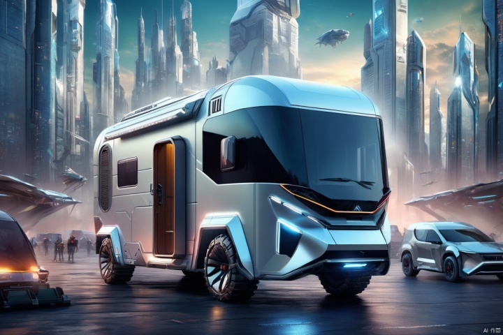 caravan, Single complete work, FANTASY, Metal texture, cool color, the mixture between cars and buildings, Future city background, concept car, motor home, front view,  cybertruck, science fiction, mechanical, modern technology, robot, masterpiece,  best quality, Effective 3D product rendering style., future, in the style of LeCinematique