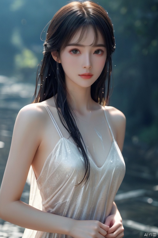  cinematic photo, realistic skin, upper body, a girl with soaked dress, soft light, 4k, hdr, k-pop,