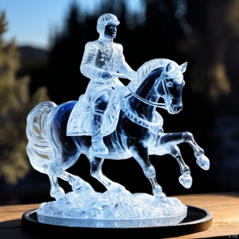 An ice sculpture of a young general riding an ice sculpture horse in the ancient East. Crystal clear, no variegated. His whole body is made of ice. His entire body is white and transparent. High quality, 32k uhd, 

