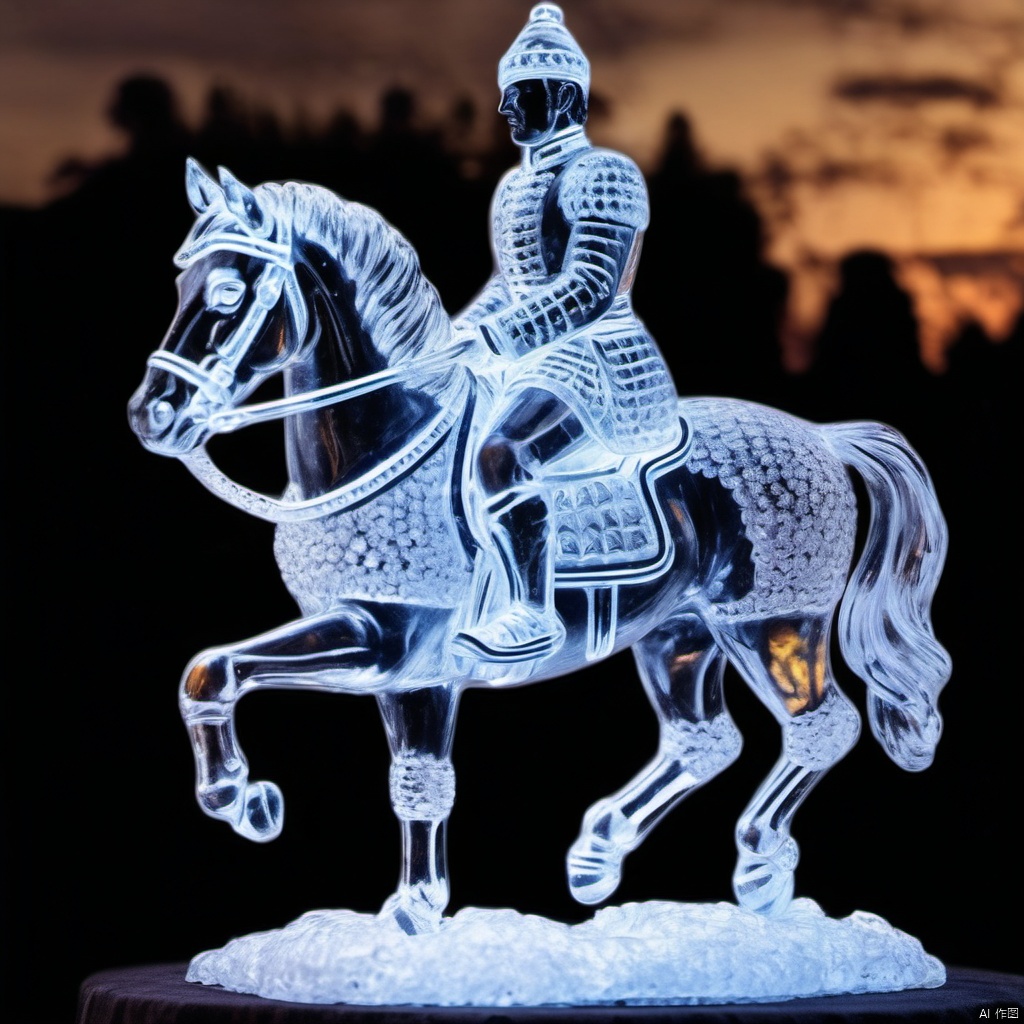An ice sculpture of a young general riding an ice sculpture horse in the ancient East. Crystal clear, no variegated. His whole body is made of ice. His entire body is white and transparent. High quality, 32k uhd, 

