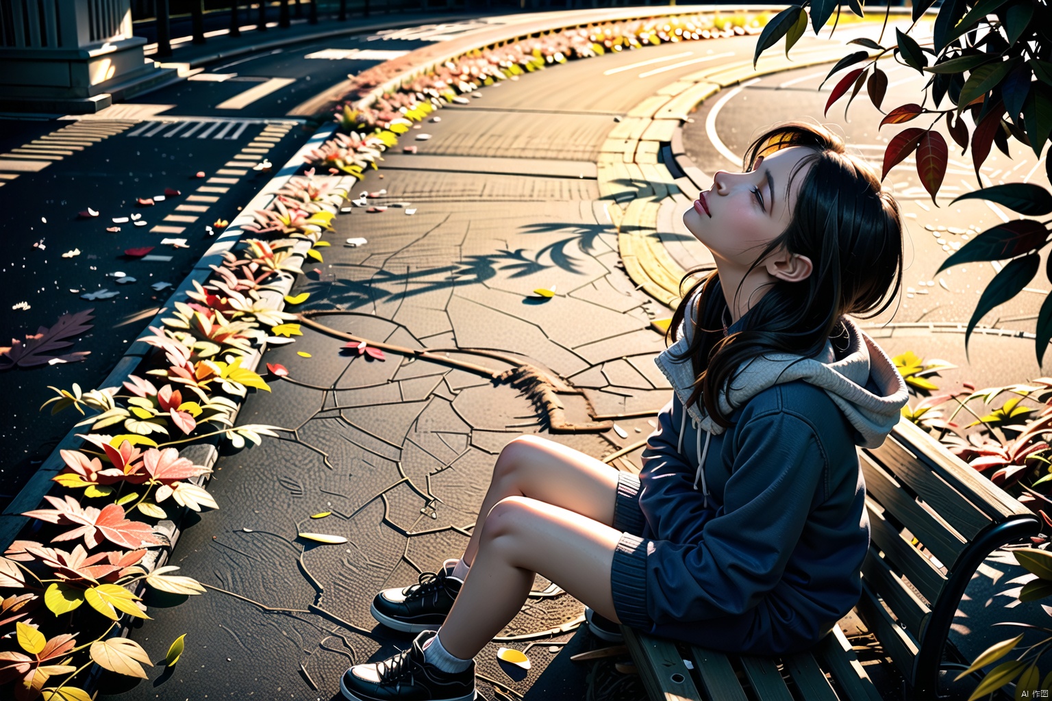  On the bench in the park, a young woman curled up, holding her knees, tears streaming down her cheeks. The trees around sway in the wind, and the fallen leaves after the rain appear particularly vibrant. Her silhouette sitting on the bench was particularly lonely, as if the world was keeping a distance from her. Looking up into space, shedding tears, looking down from above

