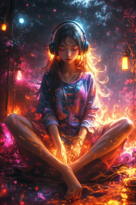  fine art, oil painting, amazing sky, . European Hippie Girl meditating in her room, dreaming, Wear headphones, night lights, Neon landscape on a rainy day, Analog Color Theme, Lo-Fi Hip Hop , retrospective, flat, 2.5D, yinghuo,flame