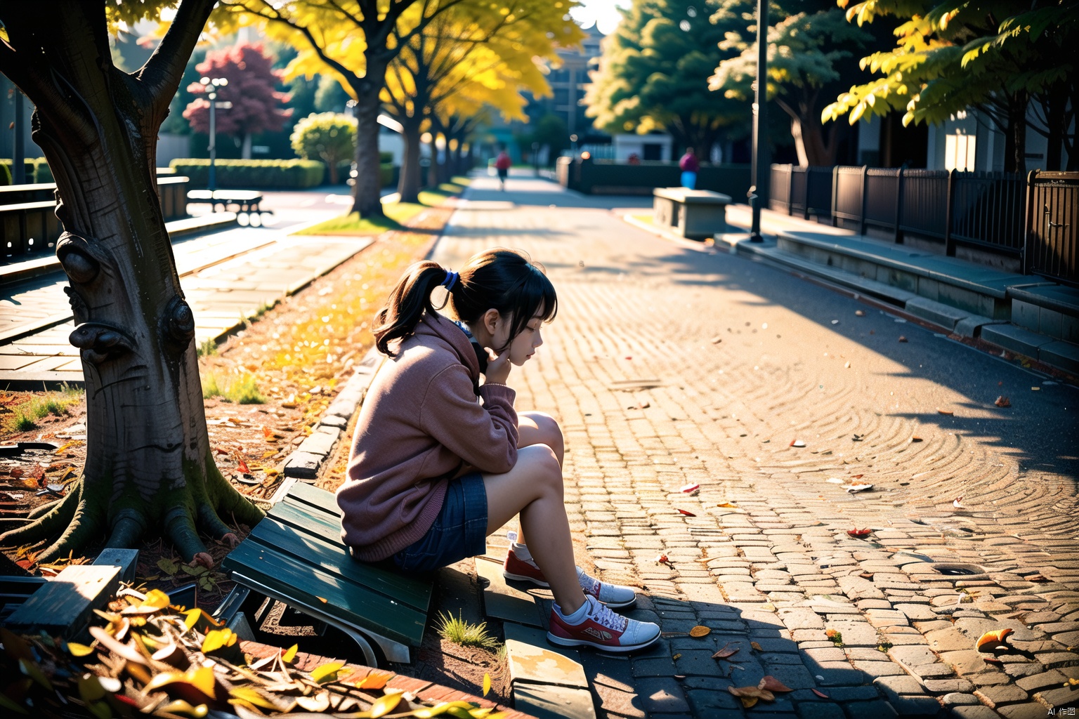  On the bench in the park, a young woman curled up, holding her knees, tears streaming down her cheeks. The trees around sway in the wind, and the fallen leaves after the rain appear particularly vibrant. Her silhouette sitting on the bench was particularly lonely, as if the world was keeping a distance from her. Looking up into space, shedding tears, looking down from above

