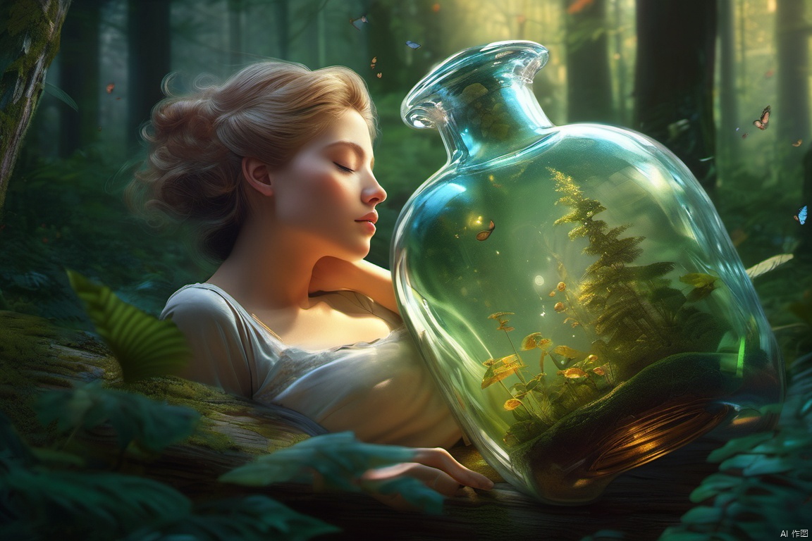  The girl in the bottle, sleeping, dreamy scene, surreal, deep in the forest,Amazing aesthetics, best quality, magnificent artwork, (masterpiece), (best quality), (super detail), (illustration), (extremely exquisite and beautiful), (detail light), details, more details, ultra clear 8K,The World in the Bottle