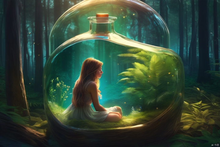  The girl in the bottle, sleeping, dreamy scene, surreal, deep in the forest,Amazing aesthetics, best quality, magnificent artwork, (masterpiece), (best quality), (super detail), (illustration), (extremely exquisite and beautiful), (detail light), details, more details, ultra clear 8K,The World in the Bottle