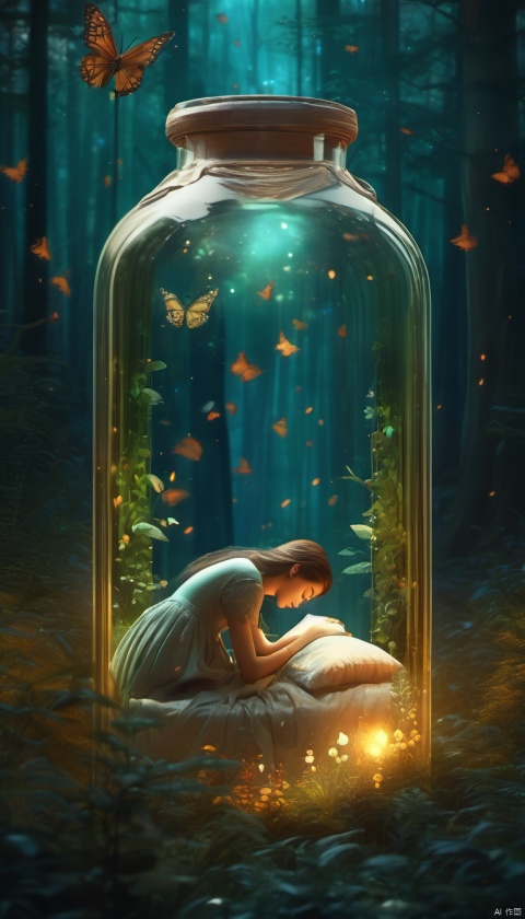 The girl in the bottle, sleeping, dreamy scene, surreal, deep in the forest,Amazing aesthetics, best quality, magnificent artwork, (masterpiece), (best quality), (super detail), (illustration), (extremely exquisite and beautiful), (detail light), details, more details, ultra clear 8K,