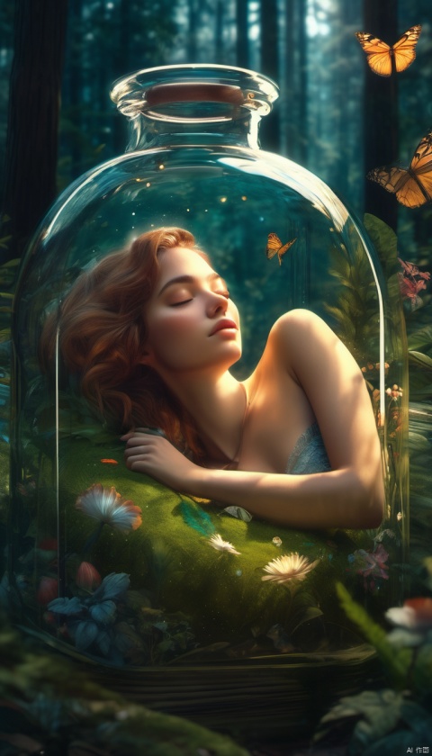 The girl in the bottle, sleeping, dreamy scene, surreal, deep in the forest,Amazing aesthetics, best quality, magnificent artwork, (masterpiece), (best quality), (super detail), (illustration), (extremely exquisite and beautiful), (detail light), details, more details, ultra clear 8K,