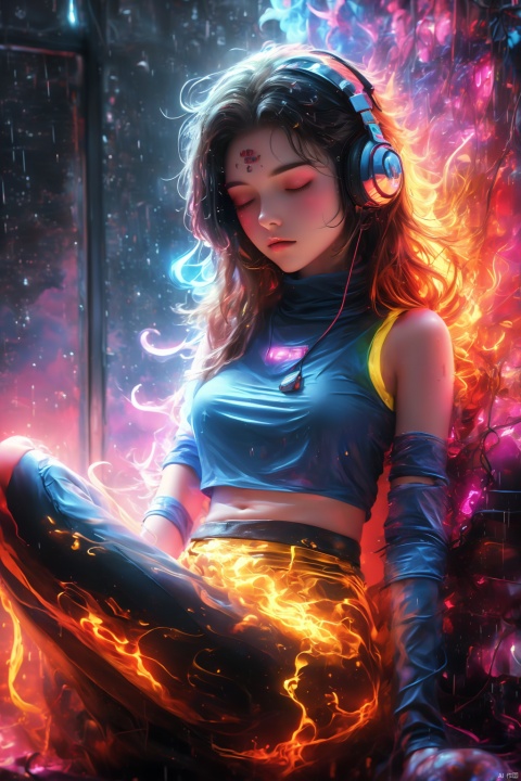  fine art, oil painting, amazing sky, . European Hippie Girl meditating in her room, dreaming, Wear headphones, night lights, Neon landscape on a rainy day, Analog Color Theme, Lo-Fi Hip Hop , retrospective, flat, 2.5D, yinghuo,flame