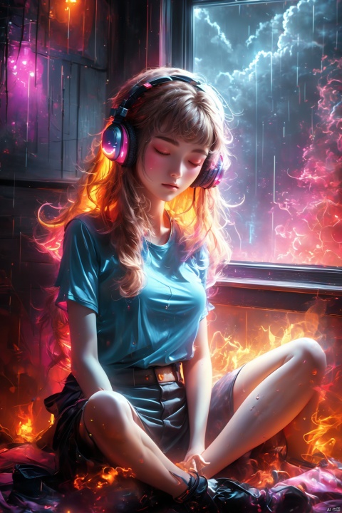  fine art, oil painting, amazing sky, . European Hippie Girl meditating in her room, dreaming, Wear headphones, night lights, Neon landscape on a rainy day, Analog Color Theme, Lo-Fi Hip Hop , retrospective, flat, 2.5D, yinghuo,flame