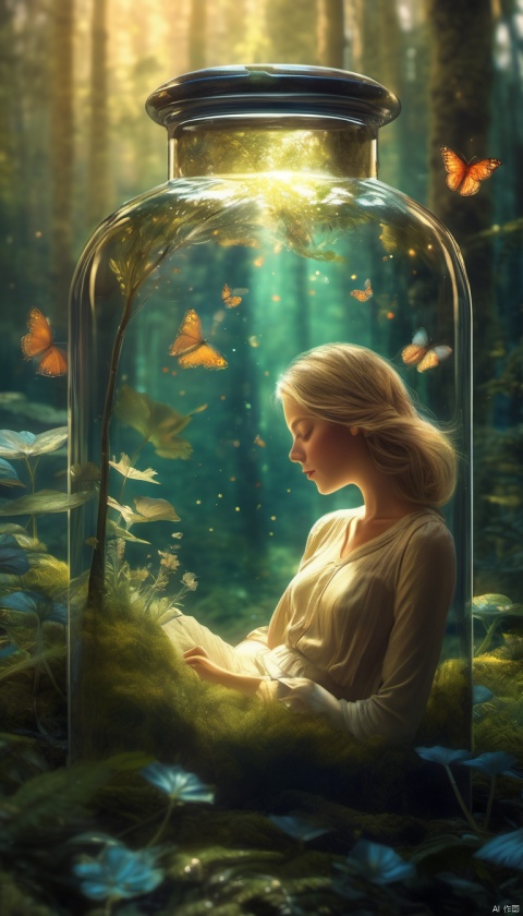 The girl in the bottle, sleeping, dreamy scene, surreal, deep in the forest,Amazing aesthetics, best quality, magnificent artwork, (masterpiece), (best quality), (super detail), (illustration), (extremely exquisite and beautiful), (detail light), details, more details, ultra clear 8K,