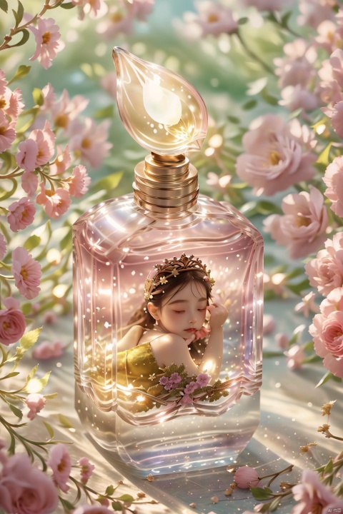 Flower, Artist Name, Blur, Depth of Field, Blur Background, Bottle, Gem, Jar, Beauty in the Bottle, Sleeping Beauty, Beauty in the Bottle, Beauty in the Bottle, Women in the Bottle, Women in the Bottle, 1girl, Light master, pink fantasy