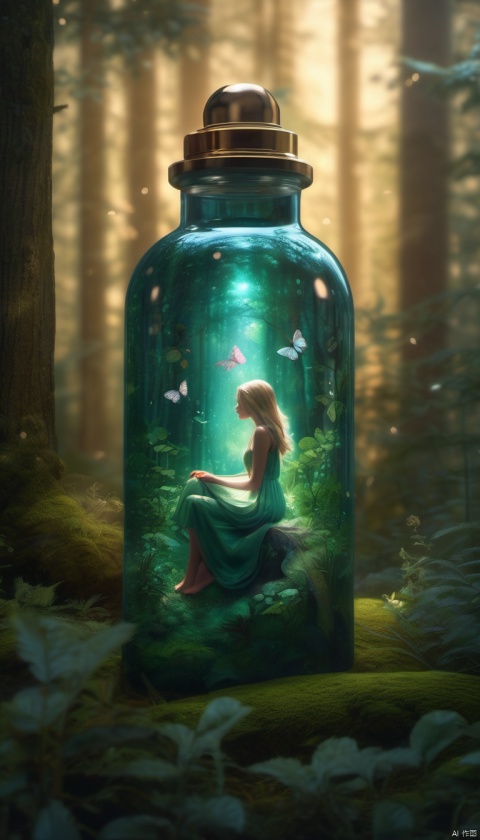 The girl in the bottle, sleeping, dreamy scene, surreal, deep in the forest,Amazing aesthetics, best quality, magnificent artwork, (masterpiece), (best quality), (super detail), (illustration), (extremely exquisite and beautiful), (detail light), details, more details, ultra clear 8K,