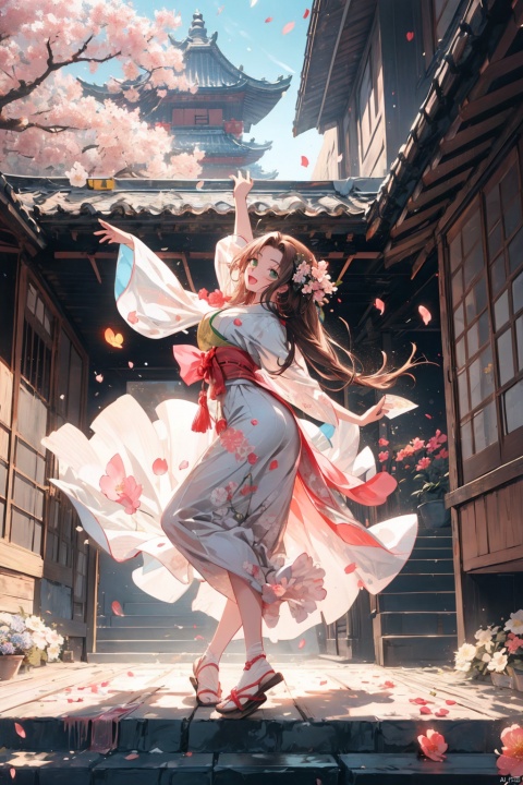  1girl, aerith_gainsborough, brown_hair, cherry_blossoms, confetti, falling_petals, floral_print, flower, green_eyes, hair_flower, hair_ornament, interlocked_fingers, japanese_clothes, jewelry, kimono, long_hair, looking_at_viewer, open_mouth, own_hands_together, petals, pink_dress, rose_petals, sandals, smile, solo, very_long_hair, backlight, colors, white pantyhose
, 1 girl, Light-electric style A wooden robot with Chinese elements, courtyard, falling flowers, dancing, beautiful visuals, exquisite craftsmanship, falling leaves dancing, ancient style.. Ancient science fiction, backyard, guqin A wooden robot with Chinese elements, courtyard, falling flowers, dancing, beautiful visuals, exquisite craftsmanship, falling leaves dancing, ancient style.. Ancient science fiction, backyard, guqinA wooden robot with Chinese elements, courtyard, falling flowers, dancing, beautiful visuals, exquisite craftsmanship, falling leaves dancing, ancient style.. Ancient science fiction, backyard, guqin