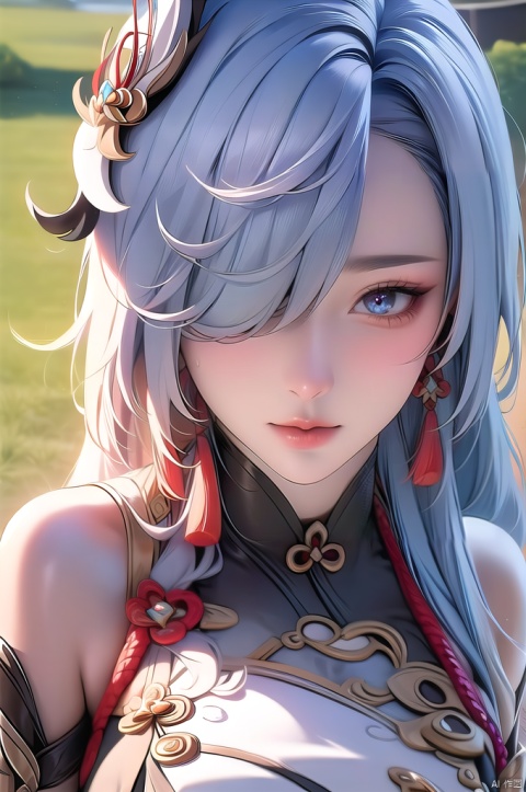  yuanshen,shenhe \(genshin impact\),1girl,solo,long hair,hair ornament,earrings,jewelry,looking at viewer,blue eyes,hair over one eye,outdoors,grass,tassel earrings,bangs,closed mouth,grey hair,polearm,breast curtain,tassel,portrait, nice hands, perfect balance, looking at viewer, closed mouth, (Light_Smile:0.3), official art, extremely detailed CG unity 8k wallpaper, perfect lighting, Colorful, Bright_Front_face_Lighting, White skin, (masterpiece:1), (best_quality:1), ultra high res, 4K, ultra-detailed, photography, 8K, HDR, highres, absurdres:1.2, Kodak portra 400, film grain, blurry background, bokeh:1.2, lens flare, (vibrant_color:1.2), professional photograph, (narrow_waist), shenhe (genshin impact)