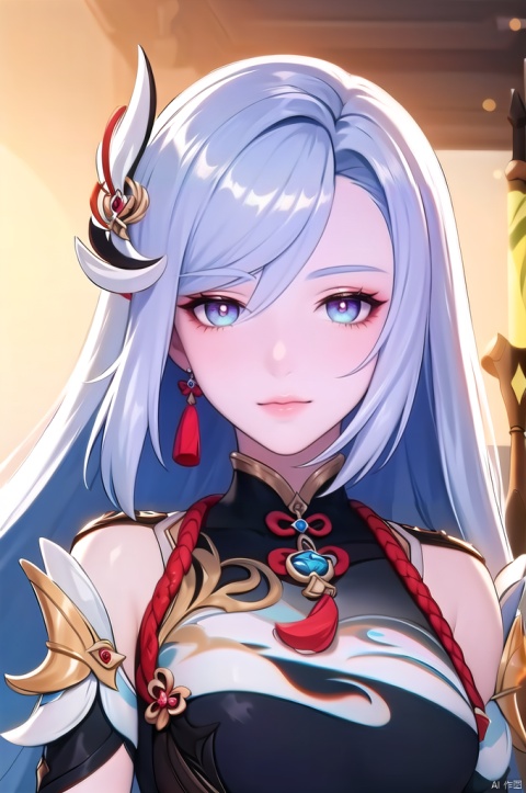  yuanshen,shenhe \(genshin impact\),1girl,solo,long hair,hair ornament,earrings,jewelry,looking at viewer,blue eyes,hair over one eye,outdoors,grass,tassel earrings,bangs,closed mouth,grey hair,polearm,breast curtain,tassel,portrait, nice hands, perfect balance, looking at viewer, closed mouth, (Light_Smile:0.3), official art, extremely detailed CG unity 8k wallpaper, perfect lighting, Colorful, Bright_Front_face_Lighting, White skin, (masterpiece:1), (best_quality:1), ultra high res, 4K, ultra-detailed, photography, 8K, HDR, highres, absurdres:1.2, Kodak portra 400, film grain, blurry background, bokeh:1.2, lens flare, (vibrant_color:1.2), professional photograph, (narrow_waist),