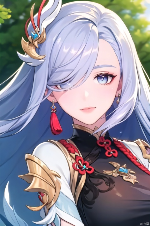  yuanshen,shenhe \(genshin impact\),1girl,solo,long hair,hair ornament,earrings,jewelry,looking at viewer,blue eyes,hair over one eye,outdoors,grass,tassel earrings,bangs,closed mouth,grey hair,polearm,breast curtain,tassel,portrait, nice hands, perfect balance, looking at viewer, closed mouth, (Light_Smile:0.3), official art, extremely detailed CG unity 8k wallpaper, perfect lighting, Colorful, Bright_Front_face_Lighting, White skin, (masterpiece:1), (best_quality:1), ultra high res, 4K, ultra-detailed, photography, 8K, HDR, highres, absurdres:1.2, Kodak portra 400, film grain, blurry background, bokeh:1.2, lens flare, (vibrant_color:1.2), professional photograph, (narrow_waist),