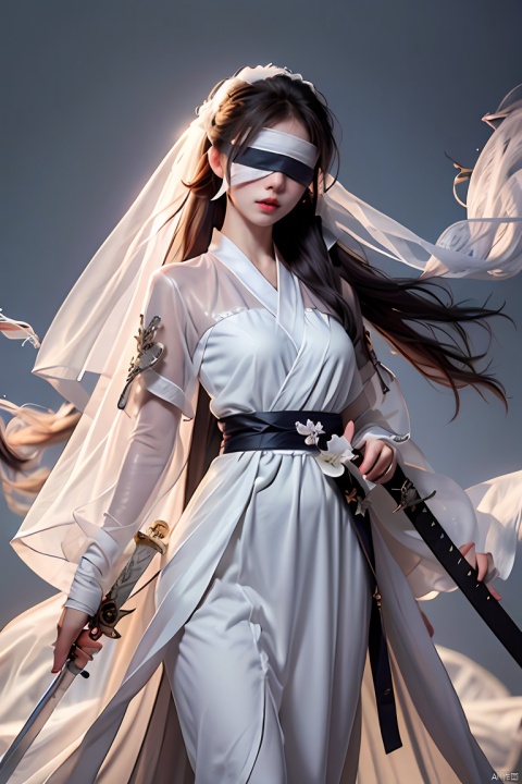  HDR, UHD, 8K, High detailed, best quality, masterpiece, (minimalist style: 1.2), solo, 1 girl, female focus, long hair, (silver hair：131, ponytail), (white veil blindfold: 1.6), boots, (height intensity: 0.8), (transparent, black white, smoke surround: 1.35), (long, sword: 1.31), (special effects), white clothing, Hanfu, kimono, magic., light master