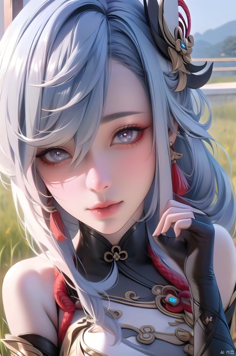  yuanshen,shenhe \(genshin impact\),1girl,solo,long hair,hair ornament,earrings,jewelry,looking at viewer,blue eyes,hair over one eye,outdoors,grass,tassel earrings,bangs,closed mouth,grey hair,polearm,breast curtain,tassel,portrait, nice hands, perfect balance, looking at viewer, closed mouth, (Light_Smile:0.3), official art, extremely detailed CG unity 8k wallpaper, perfect lighting, Colorful, Bright_Front_face_Lighting, White skin, (masterpiece:1), (best_quality:1), ultra high res, 4K, ultra-detailed, photography, 8K, HDR, highres, absurdres:1.2, Kodak portra 400, film grain, blurry background, bokeh:1.2, lens flare, (vibrant_color:1.2), professional photograph, (narrow_waist), shenhe (genshin impact)