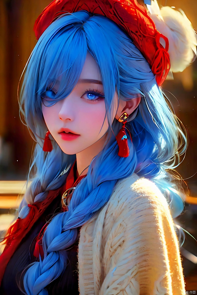  shenhe,genshin impact+ Detailed face +,1girl,solo,long hair,(headwear:1.3),blue eyes,looking at the audience,tassel earrings,hair covering one eye,bangs,virgin_killer_sweater+