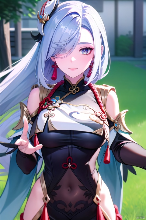  yuanshen,shenhe \(genshin impact\),1girl,solo,long hair,hair ornament,earrings,jewelry,looking at viewer,blue eyes,hair over one eye,outdoors,grass,tassel earrings,bangs,closed mouth,grey hair,polearm,breast curtain,tassel,portrait, nice hands, perfect balance, looking at viewer, closed mouth, (Light_Smile:0.3), official art, extremely detailed CG unity 8k wallpaper, perfect lighting, Colorful, Bright_Front_face_Lighting, White skin, (masterpiece:1), (best_quality:1), ultra high res, 4K, ultra-detailed, photography, 8K, HDR, highres, absurdres:1.2, Kodak portra 400, film grain, blurry background, bokeh:1.2, lens flare, (vibrant_color:1.2), professional photograph, (narrow_waist), shenhe (genshin impact)