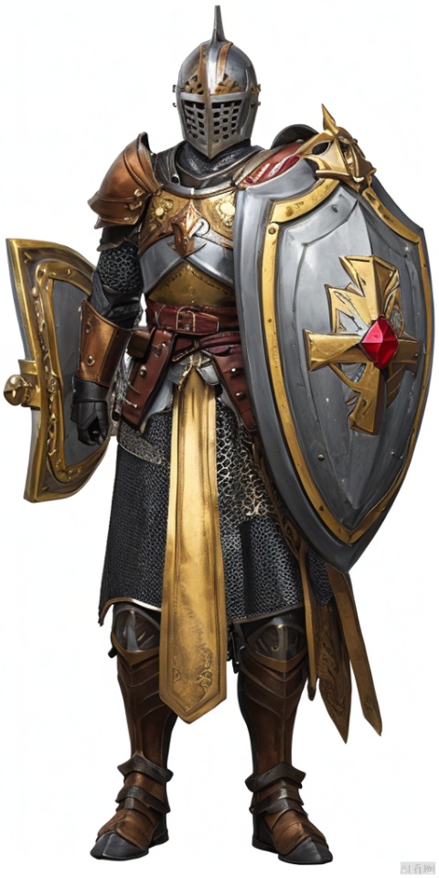  solo, simple background, white background,
 A shield shaped like a pentagram,Black armor
holding, standing, full body, male focus, belt, armor, helmet,Golden Shield, tabard, knight, full armor, holding shield, chainmail,Shield defense,cross, Shield, Sculpted Hand-Painted Figure,ruby,