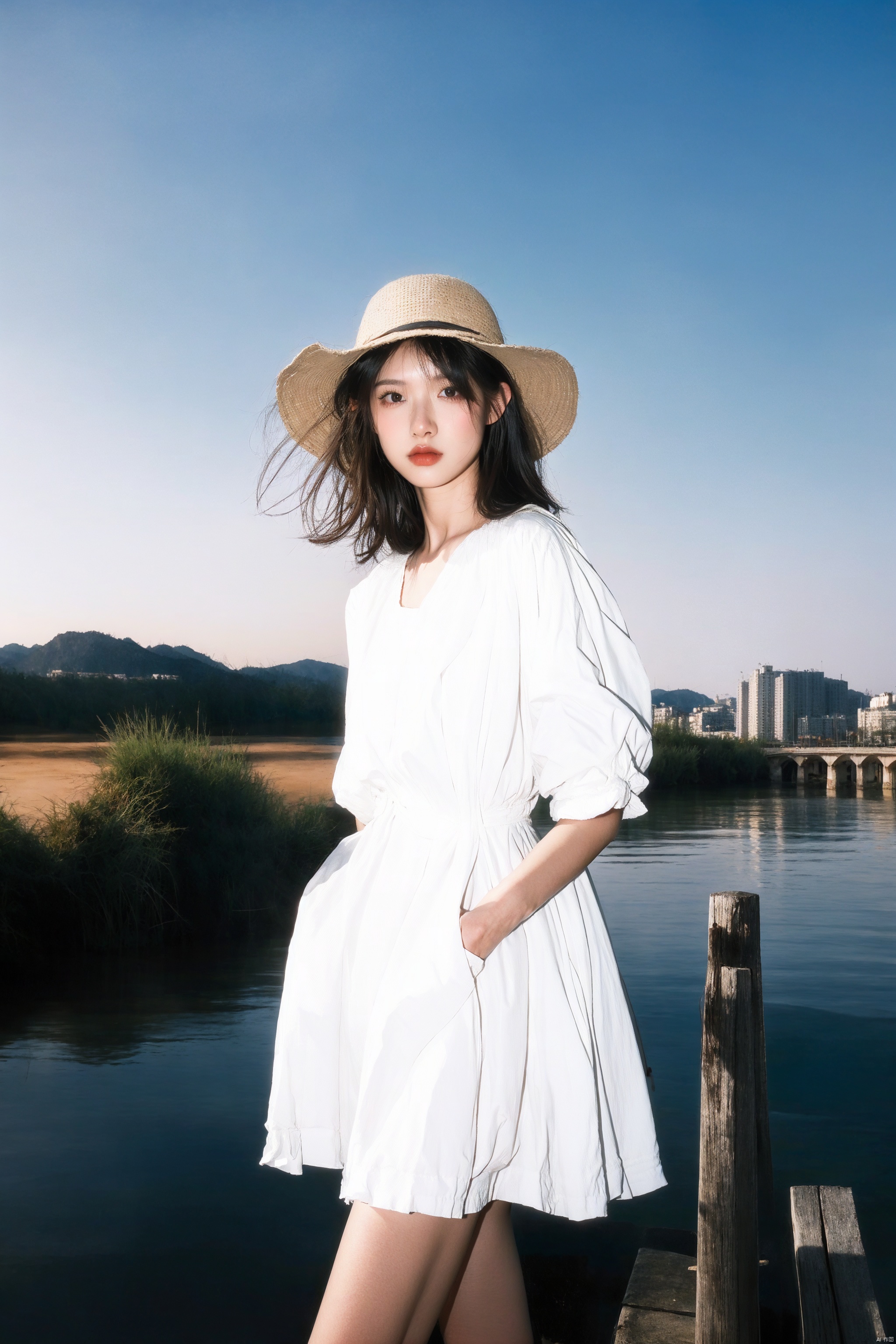 A girl, her hair flowing in the wind,Wearing a white dress, a white fisherman's hat, and a pair of white sports shoes. The scene is captured using a Fujifilm X-T3 with a 16-55mm f/2.8 lens, the image having a sharp and clear focus. The photograph has a sense of drama and tension, inspired by the works of Helmut Newton.