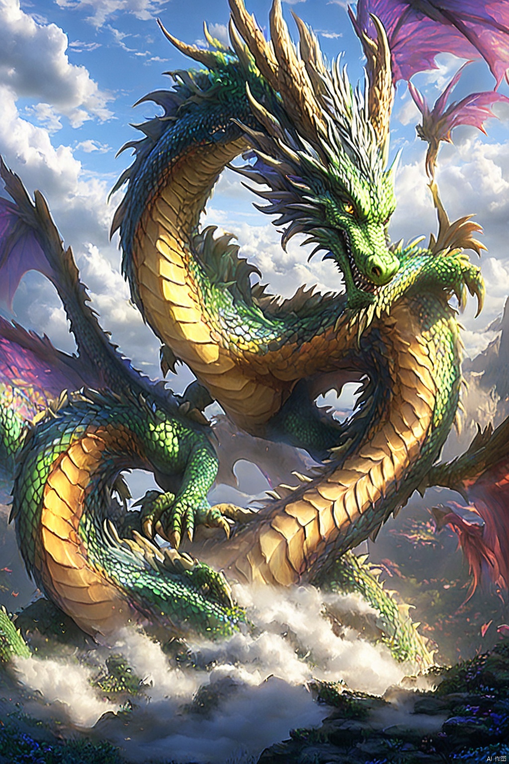  Dragons usually have huge bodies, strong limbs and long tails. Its scales may be sparkling gold, silver or other bright colors, each of which is hard and smooth. When the wings of the dragon spread out, they can cover the vast sky, and the film on the wings may shine with a variety of colors, as beautiful as a rainbow.