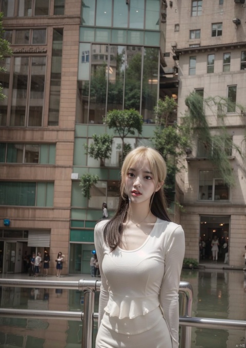 1 gilr,xiejiaying,(blonde hair:1.3),(whitedress),dress,shirt,photography, photoshop realistic, best quality, high quality, scenery, city, building, cityscape, skyscraper, night, city lights, outdoors, bridge, science fiction, water, chongqing, beautiful and elegant woman, (giant milk:1.2), , bangs, (blush:1.2), (outdoors:1.2), (bushes:1.3), charm posture, Film Photography,Film texture,Flash shooting