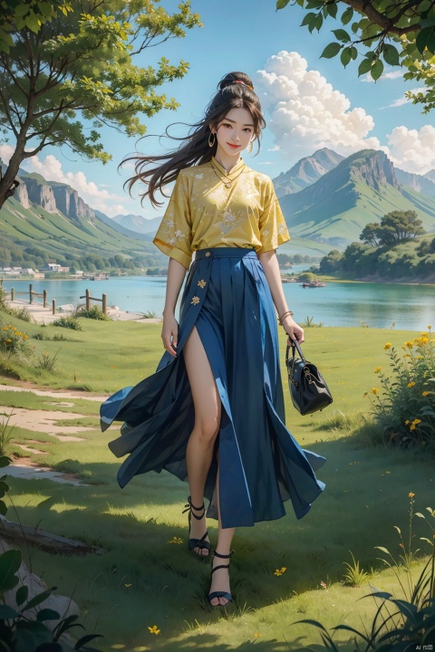 {masterpiece},{best quality},{1girl},Amazing,beautiful detailed eyes,solo,finely detail,Depth of field,extremely detailed CG,original, extremely detailed wallpaper,{{highly detailed skin}},{{messy_hair}},{small_breasts},{{longuette},{grassland},{yellow eyes},full body, incredibly_absurdres,{gold hair}.lace,floating hair,Large number of environments,the medieval ,grace,A girl leaned her hands against the fence,ultra-detailed,illustration, birds,Altocumulus,8kwallpaper,hair_hoop,long_hair,gem necklace,hair_ornament,prospect,water eyes,wind,breeze,god ray,lawn,Mountains and lakes in the distance,The skirt sways with the wind,The sun shines through the trees,A vast expanse of grassland,fence,Blue sky,bloom,smile,glow,The grass sways in the wind, Xiaolan, tian_qi_ji, nezha, ycbh, aoguang