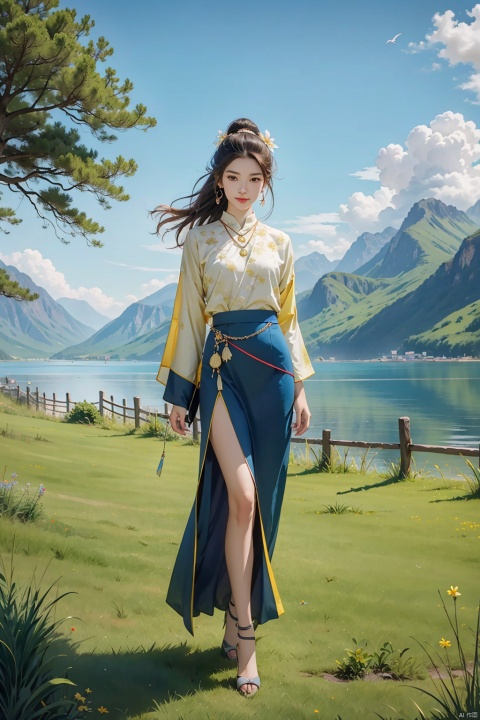 {masterpiece},{best quality},{1girl},Amazing,beautiful detailed eyes,solo,finely detail,Depth of field,extremely detailed CG,original, extremely detailed wallpaper,{{highly detailed skin}},{{messy_hair}},{small_breasts},{{longuette},{grassland},{yellow eyes},full body, incredibly_absurdres,{gold hair}.lace,floating hair,Large number of environments,the medieval ,grace,A girl leaned her hands against the fence,ultra-detailed,illustration, birds,Altocumulus,8kwallpaper,hair_hoop,long_hair,gem necklace,hair_ornament,prospect,water eyes,wind,breeze,god ray,lawn,Mountains and lakes in the distance,The skirt sways with the wind,The sun shines through the trees,A vast expanse of grassland,fence,Blue sky,bloom,smile,glow,The grass sways in the wind, Xiaolan, tian_qi_ji, nezha, ycbh, aoguang