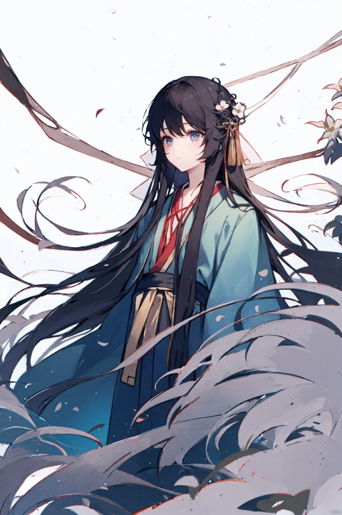  1girl, solo, hanfu, long_hair, flower