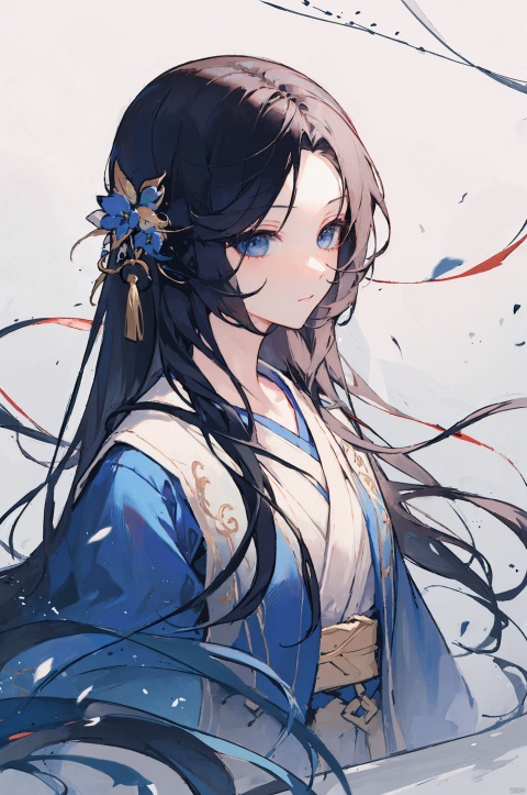  1girl, solo, hanfu, long_hair, flower, face to the right