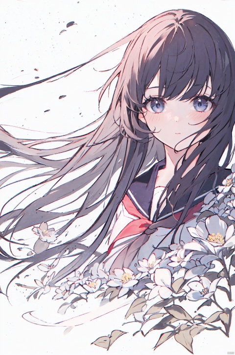  1girl, solo, serafuku, long_hair, flower