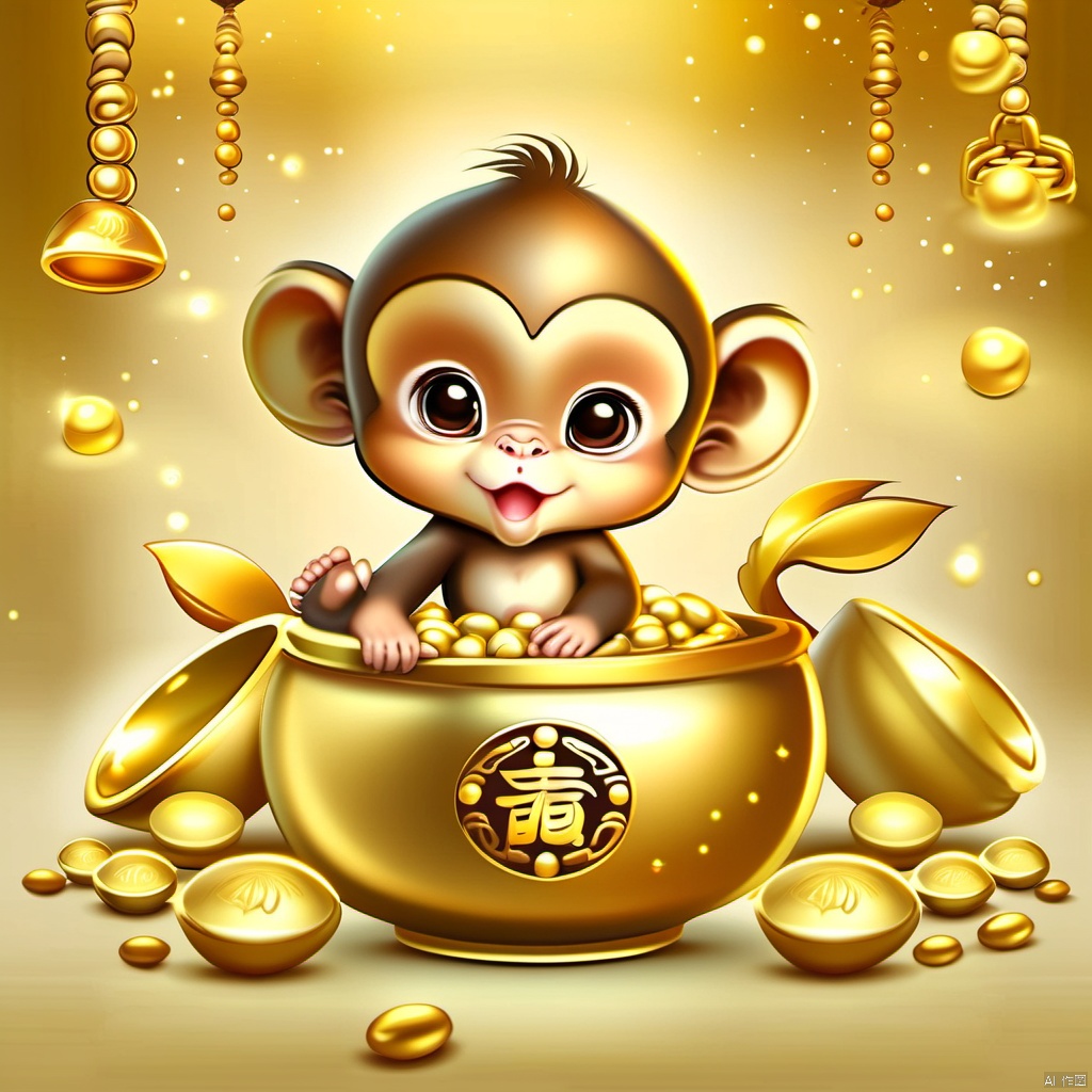 Cartoon version, cute beckoning monkey baby, zodiac, background blur, gold ingots,