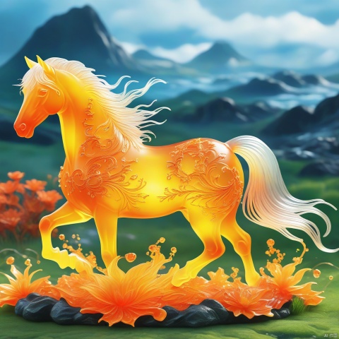 best quality, very good, 16K, ridiculous, Extremely detailed, Lovely(((horse:1.3))),Made of translucent boiling lava, Background grassland（（A masterpiece full of fantasy elements）））, （（best quality））, （（Intricate details））（8k）
