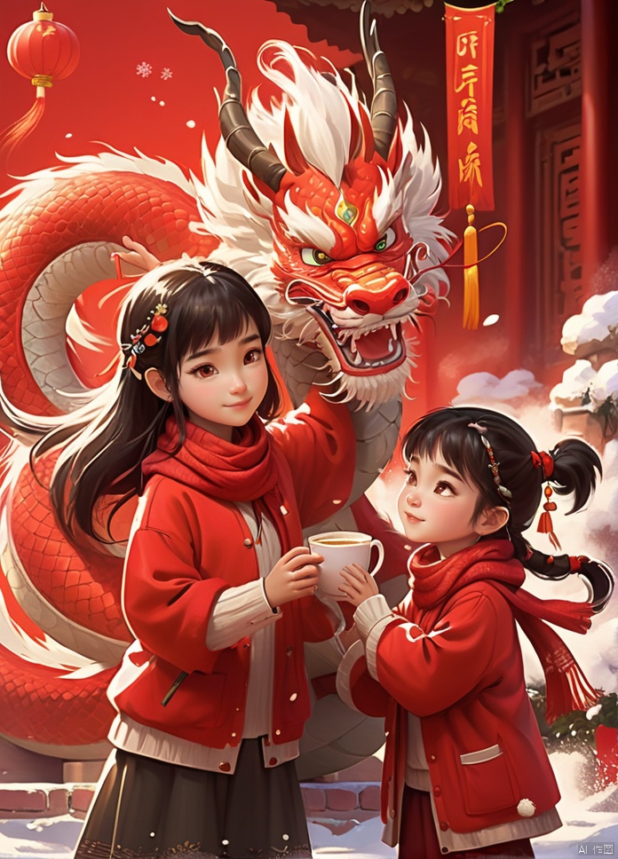  A cute and humanized red Chinese dragon and a Chinese little girl, in Pixar style, both wearing human red sweaters and tying a red woolen scarf around their necks, performing the same congratulatory gesture. The red background is very festive,with龙抱一个男娃一个女娃Chinese elements, welcoming the new year. 32k

