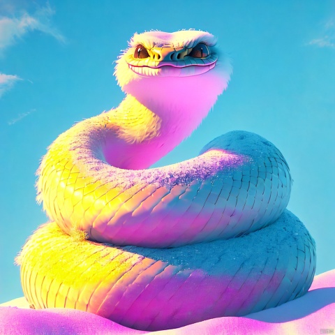  sishe, snake, cute, cc-color-correction, mf-movie-filter, warm colors, whimsy and dramatic lighting, white fur, soft lighting, fluffy, scales, white snake, snake focus, blue theme, blue background, no humans, close-up, simple background, day, looking at viewer, outdoors, oversized animal, snow, sky,