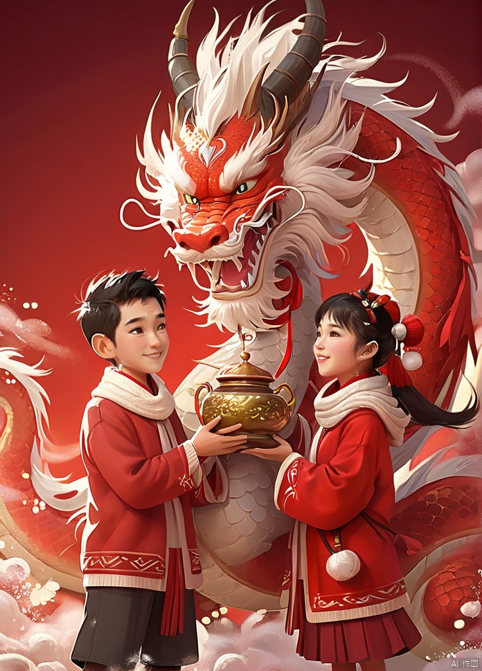  A cute and humanized red Chinese dragon and a Chinese little girl, in Pixar style, both wearing human red sweaters and tying a red woolen scarf around their necks, performing the same congratulatory gesture. The red background is veryfestive,with龙抱一个男娃一个女娃Chinese elements, welcoming the new year. 32k


