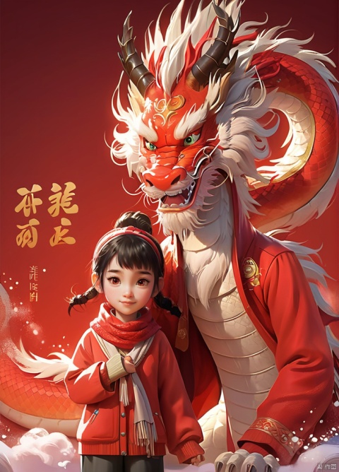  A cute and humanized red Chinese dragon and a Chinese little girl, in Pixar style, both wearing human red sweaters and tying a red woolen scarf around their necks, performing the same congratulatory gesture. The red background isveryfestive,with龙抱一个男娃一个女娃Chinese elements, welcoming the new year. 32k


