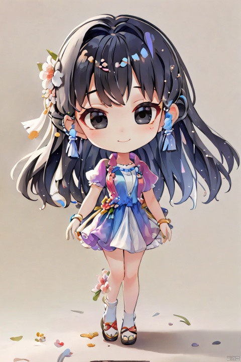 tie dye,1girl,solo,black eyes,long hair,bangs,delicate facial features,smile,full body,realistic,simple background, blooming cheer cartoon style, claystyle,chibigirl