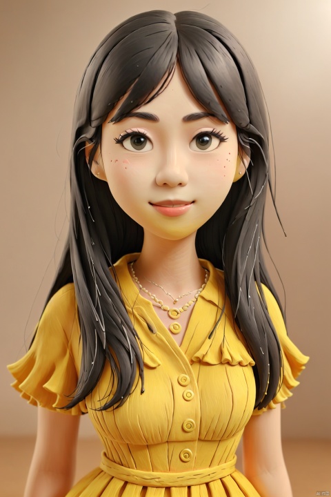  1girl,black hair,air bangs,long hair,delicate facial features,smile,upper body,yellow dress,simple background,clay,3D clay,best quality,Ultra HD,Ultra Details,masterpiece,claystyle