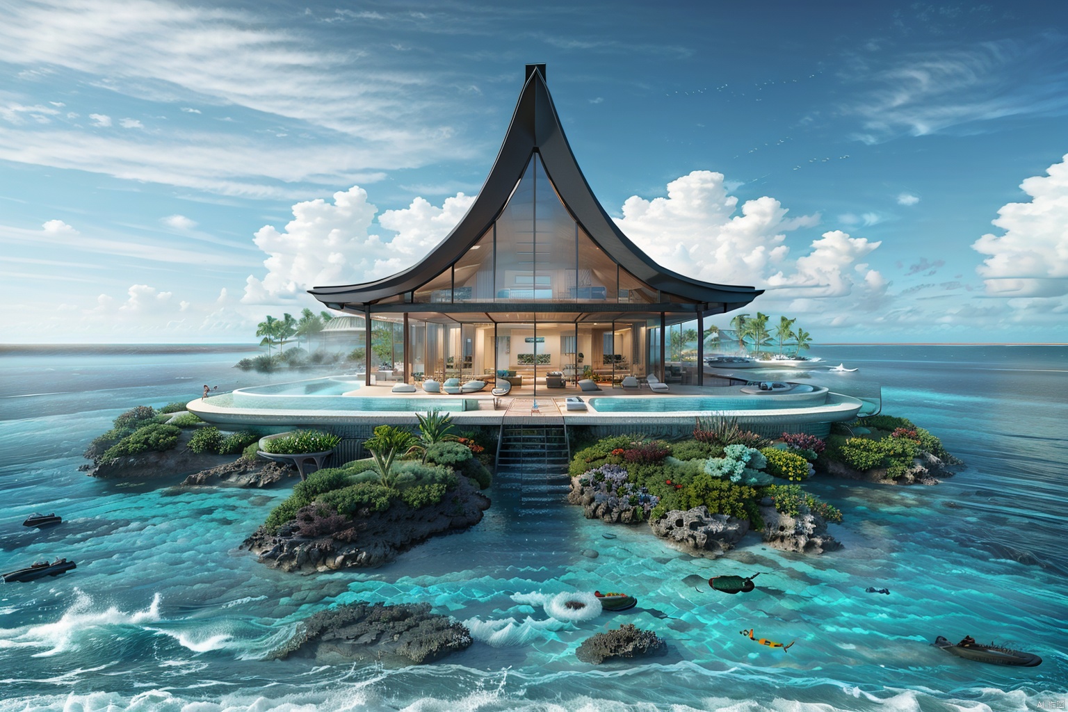  submarine villa,underwater architecture,blue ocean around the villa,amazing architecture, outdoors,bird,flsh,boat,
building,water,scenery,ray tracing,best quality,extreme detail,masterpiece,UHD,16k,wallpaper,poster,film texture,award-winning, dvarchmodern,scenery wallpaper