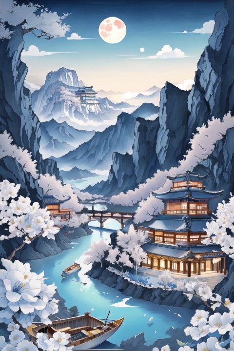  moon,frost,fire,temple, (boat:1.5), mountain, river, water, trees, flowers, Blue and white porcelain style landscape