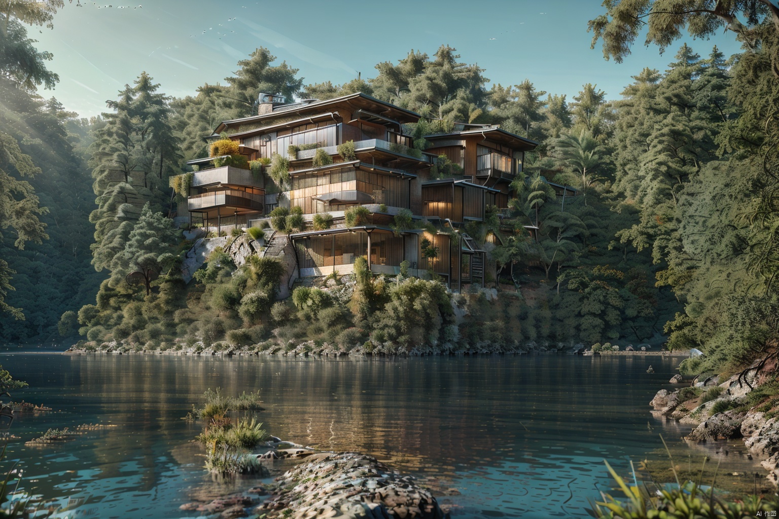  submarine villa,forest,villa in the forest,amazing architecture, outdoors,bird,flsh,boat,
building,water,scenery,ray tracing,best quality,extreme detail,masterpiece,UHD,16k,wallpaper,poster,film texture,award-winning, dvarchmodern,scenery wallpaper, ArchModern
