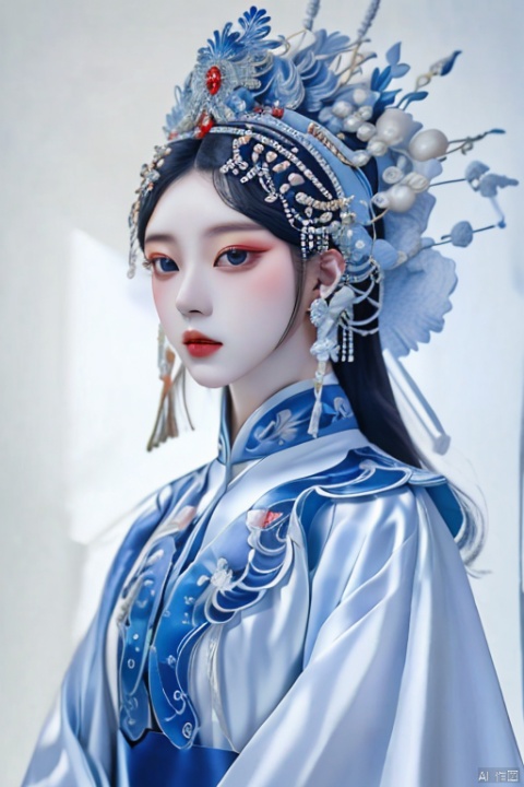 guofenghd ,1girl,upper body,costume,peking opera costumes,dramatic headwear,elegant temperament,exquisite facial features,exquisite makeup,blue and white porcelain costume,large area blank space,simple background,dreamlike,minimalism,colored lead,traditional chinese realistic painting,ray tracing,16k,HD,highres,great work,masterpiece,extreme detail, guofenghd, chibigirl, ccip, shuimobysim,wuchangshuo, girl