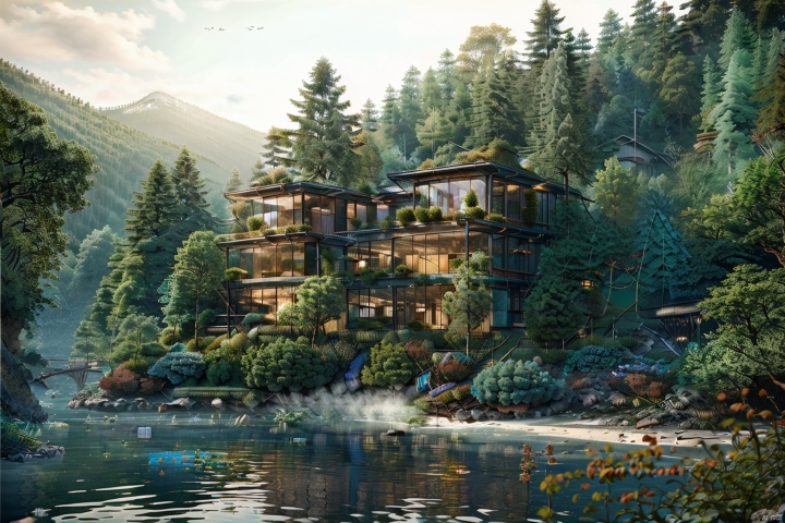  submarine villa,forest,villa in the forest,amazing architecture, outdoors,bird,flsh,boat,
building,water,scenery,ray tracing,best quality,extreme detail,masterpiece,UHD,16k,wallpaper,poster,film texture,award-winning, dvarchmodern,scenery wallpaper