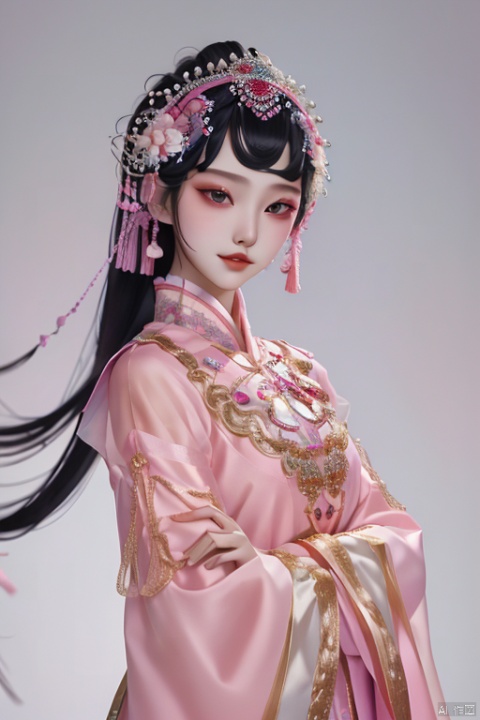 1girl,guofenghd,black eyes,smiling,pink costume,upper body,ray tracing,best quality,masterpiece,hd,highres,extreme details, girl, Asian girl