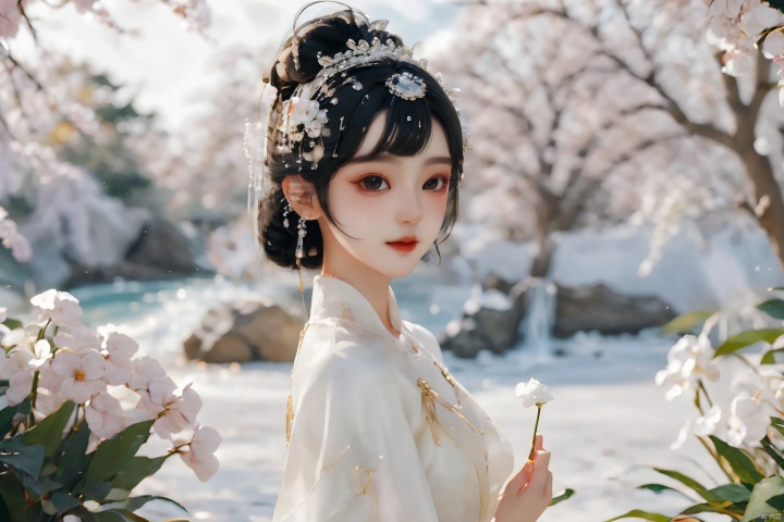  1girl,guofenghd,smile,delicate facial feature,white costume,outdoors,ray tracing,best quality,masterpiece,hd,highres,extreme details,chibigirl,wallpaper,scenery wallpaper