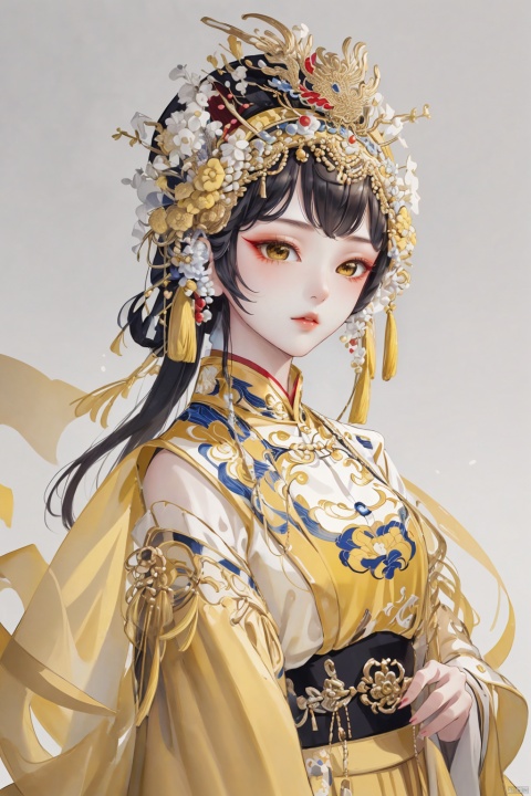  guofenghd ,1girl,upper body,costume,peking opera costumes,dramatic headwear,elegant temperament,exquisite facial features,exquisite makeup,yellow costume,large area blank space,simple background,dreamlike,minimalism,colored lead,traditional chinese realistic painting,ray tracing,16k,HD,highres,great work,masterpiece,extreme detail, guofenghd, chibigirl, ccip, shuimobysim,wuchangshuo, girl
